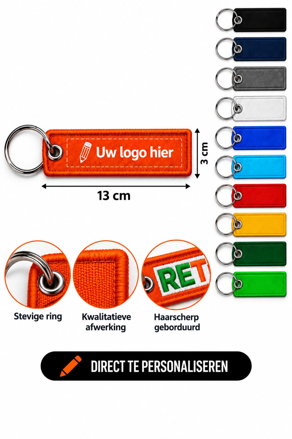 Geborduurde sleutelhanger rechthoek 13 x 3 cm met eigen logo