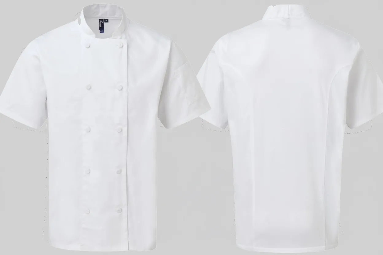 Premier PR902 Coolchecker® Koksjas met Korte Mouwen Borduren | 65% Polyester 35% Katoen