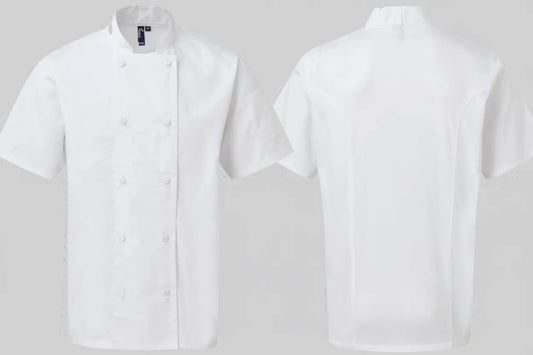 Premier PR902 Coolchecker® Koksjas met Korte Mouwen Borduren | 65% Polyester 35% Katoen