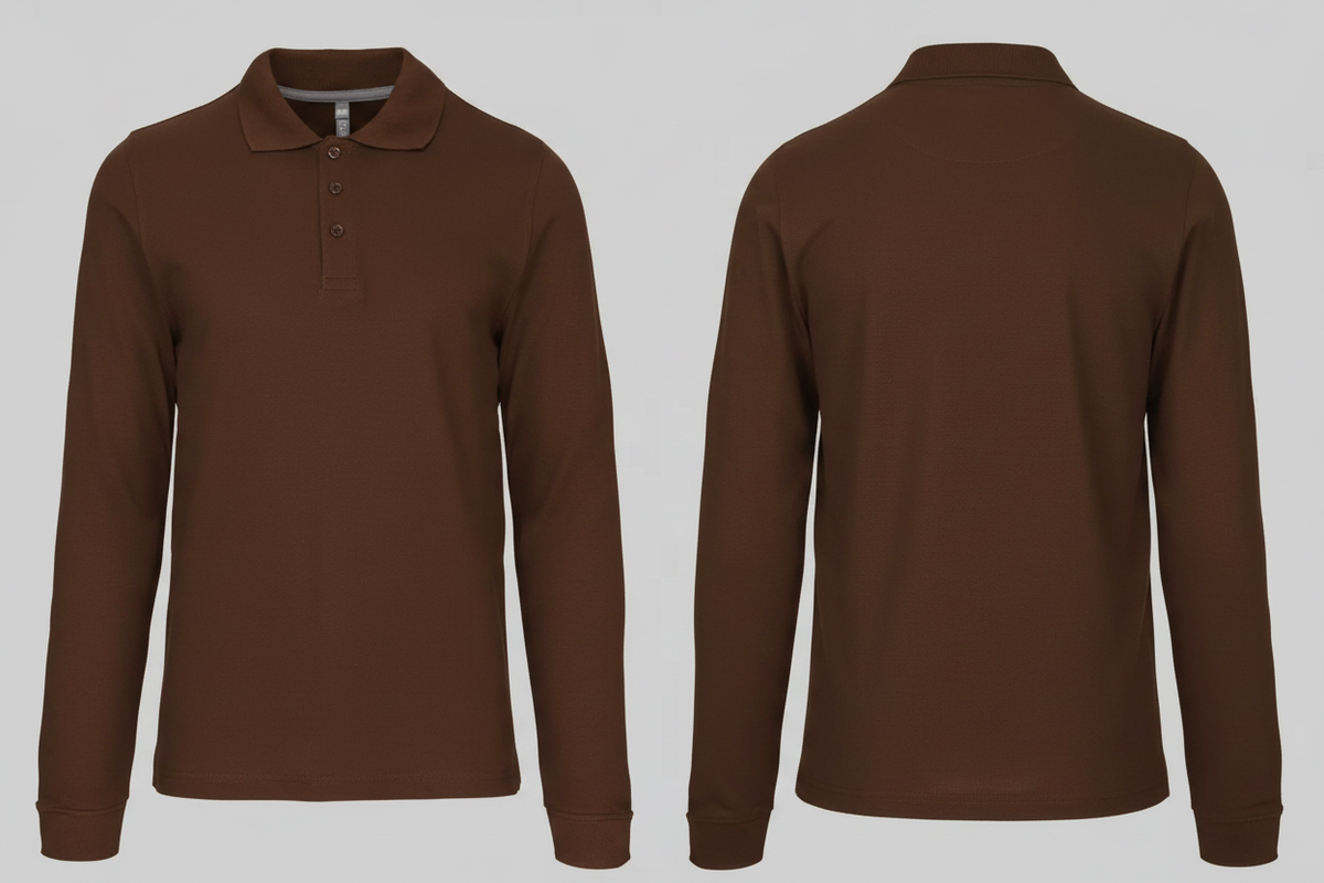 Heren polo lange mouwen borduren chocolade - Kariban K243