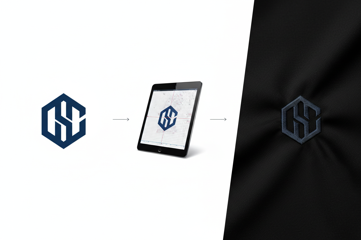 Drie stappen: logo ontwerp, digitaliseren en geborduurde eindresultaat op textiel