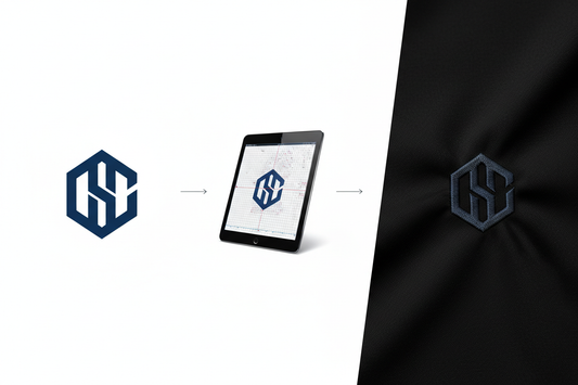 Drie stappen: logo ontwerp, digitaliseren en geborduurde eindresultaat op textiel