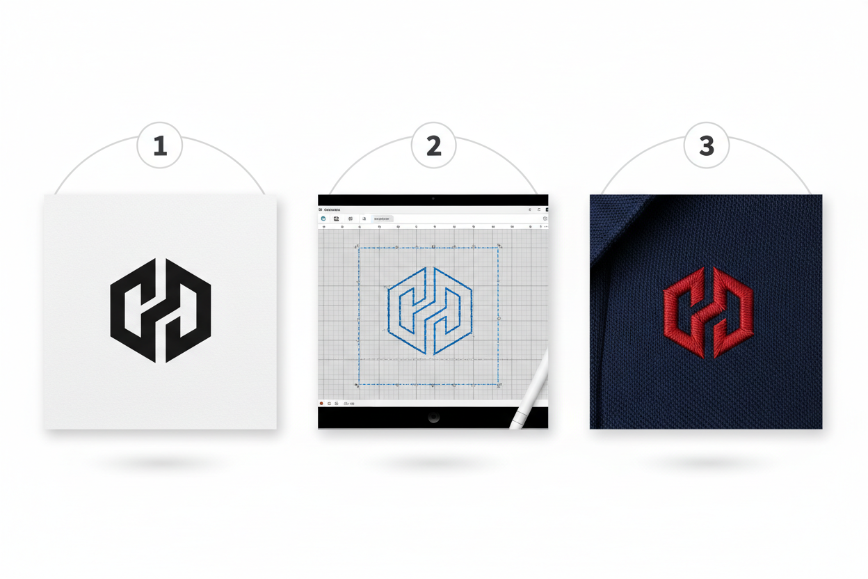 Stap 1 logo ontwerp, stap 2 digitaliseren met steekpatroon, stap 3 geborduurde logo op navy textiel