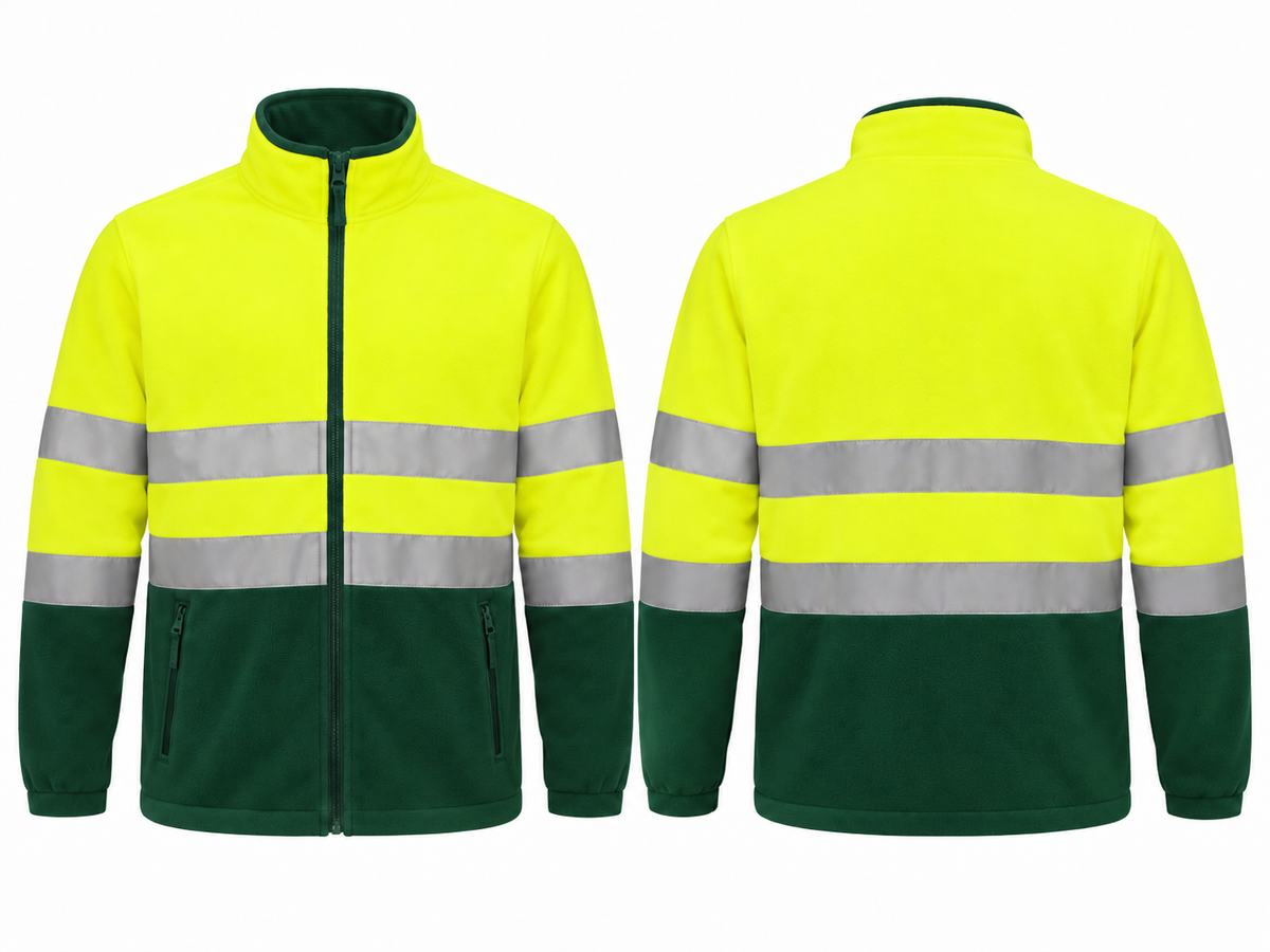 Valento VA804 AIRPORT hi-vis fleece jas fluogeel flessengroen voor- en achterkant
