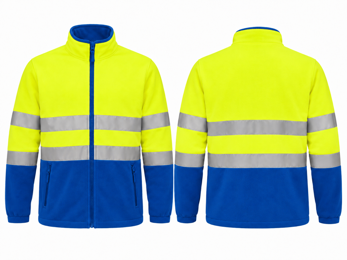 Valento VA804 AIRPORT hi-vis fleece jas fluogeel koningsblauw voor- en achterkant
