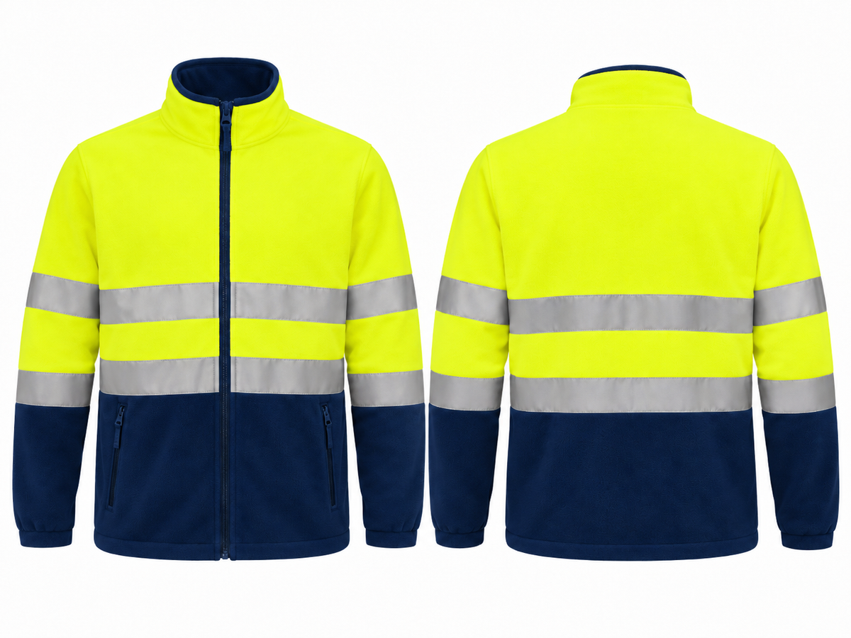 Valento VA804 AIRPORT hi-vis fleece jas fluogeel marineblauw voor- en achterkant