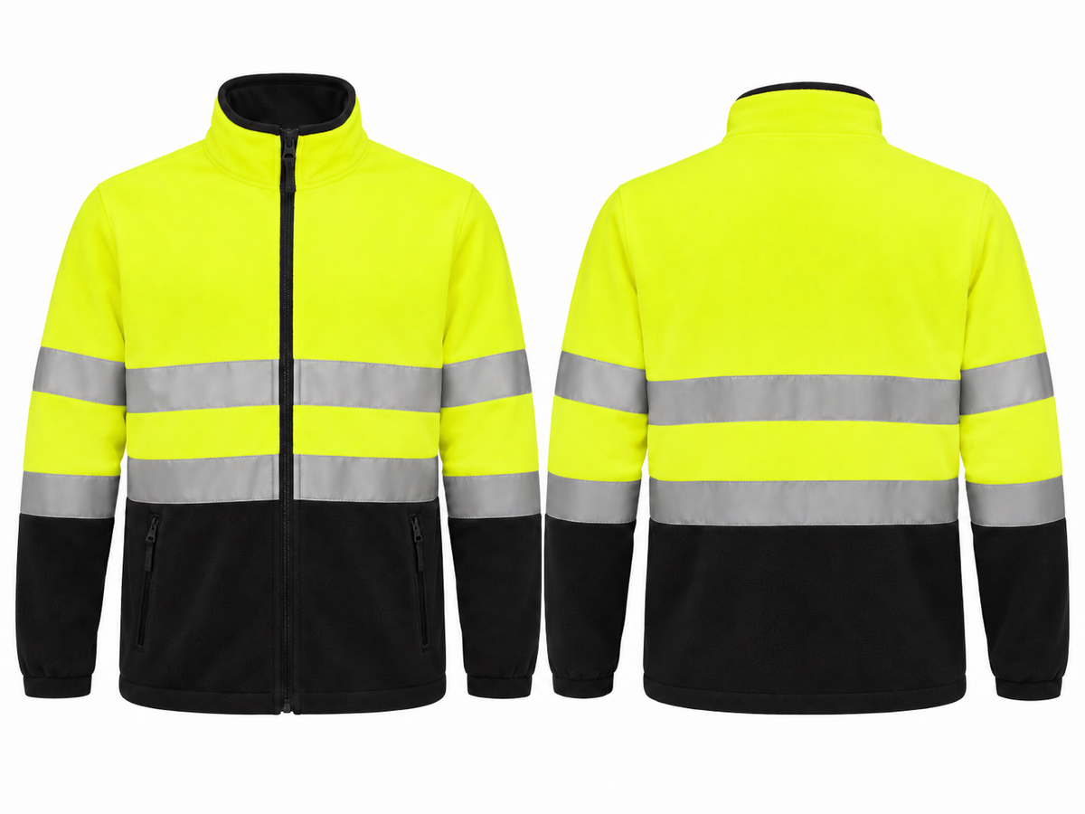 Valento VA804 AIRPORT hi-vis fleece jas fluogeel zwart voor- en achterkant