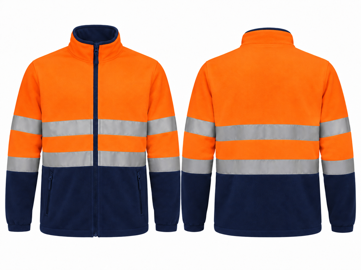Valento VA804 AIRPORT hi-vis fleece jas fluor oranje marineblauw voor- en achterkant